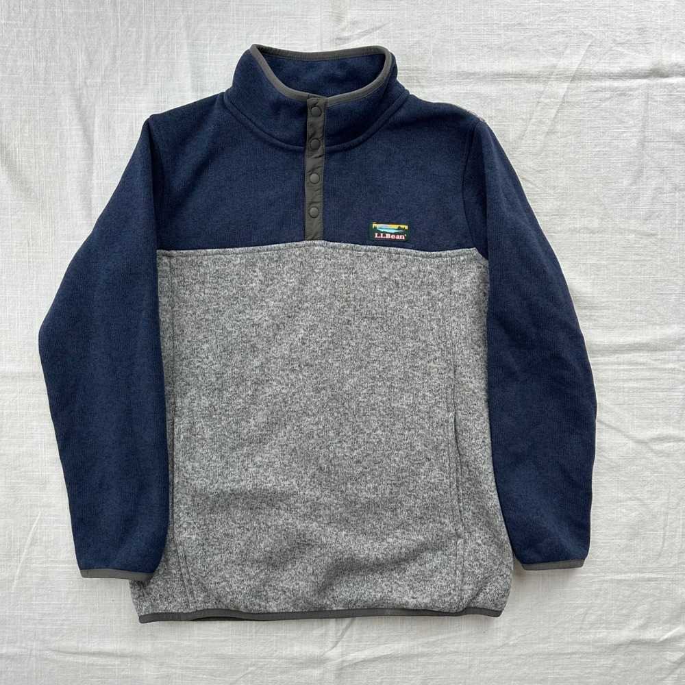 LLBean Kids Fleece Snap Neck Pullover Sweater Size L14-16 Blue Gray Colorblock